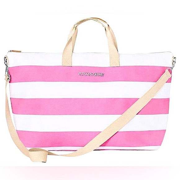 Victoria's Secret Handbags - Victoria’s Secret Pink & White Striped Large Duffle Beach Weekend Travel Bag.